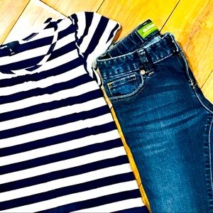 Girl school outfits — skinny denim jeans and Gap striped tee shirt top -…